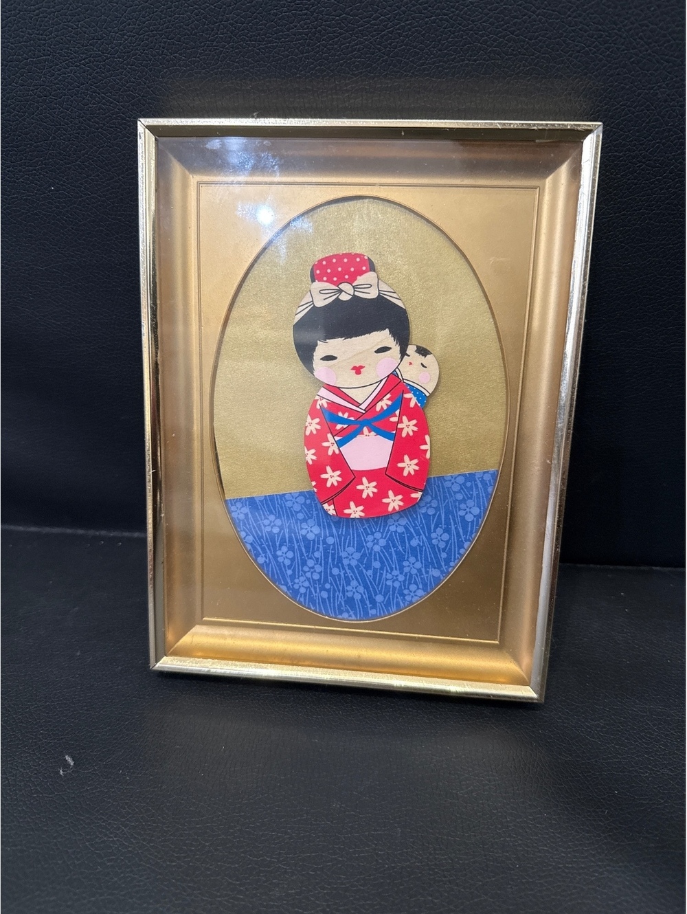 Vintage Gold Tone Deep Picture Frame with Japanese Doll Art
